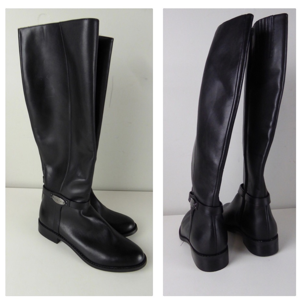 Michael Kors Black Leather Finley Riding Boots Heeled w Interior Zipper NWT